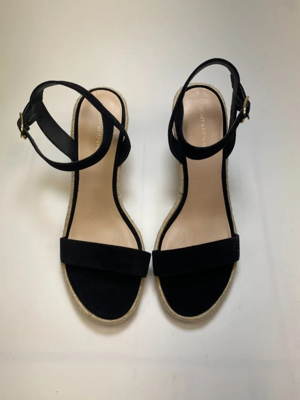 Stuart Weitzman Women's Teddi Black Suede Espadrille Wedge Heel Sandals Sz 10.5